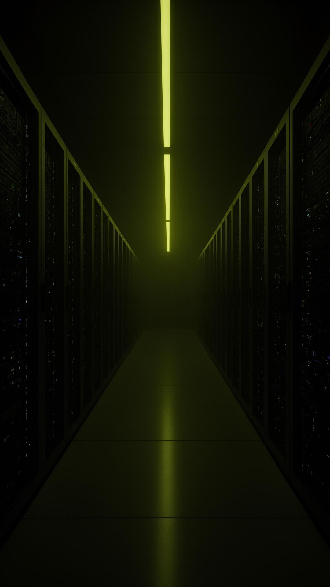 A dim server corridor lit by a single overhead green strip